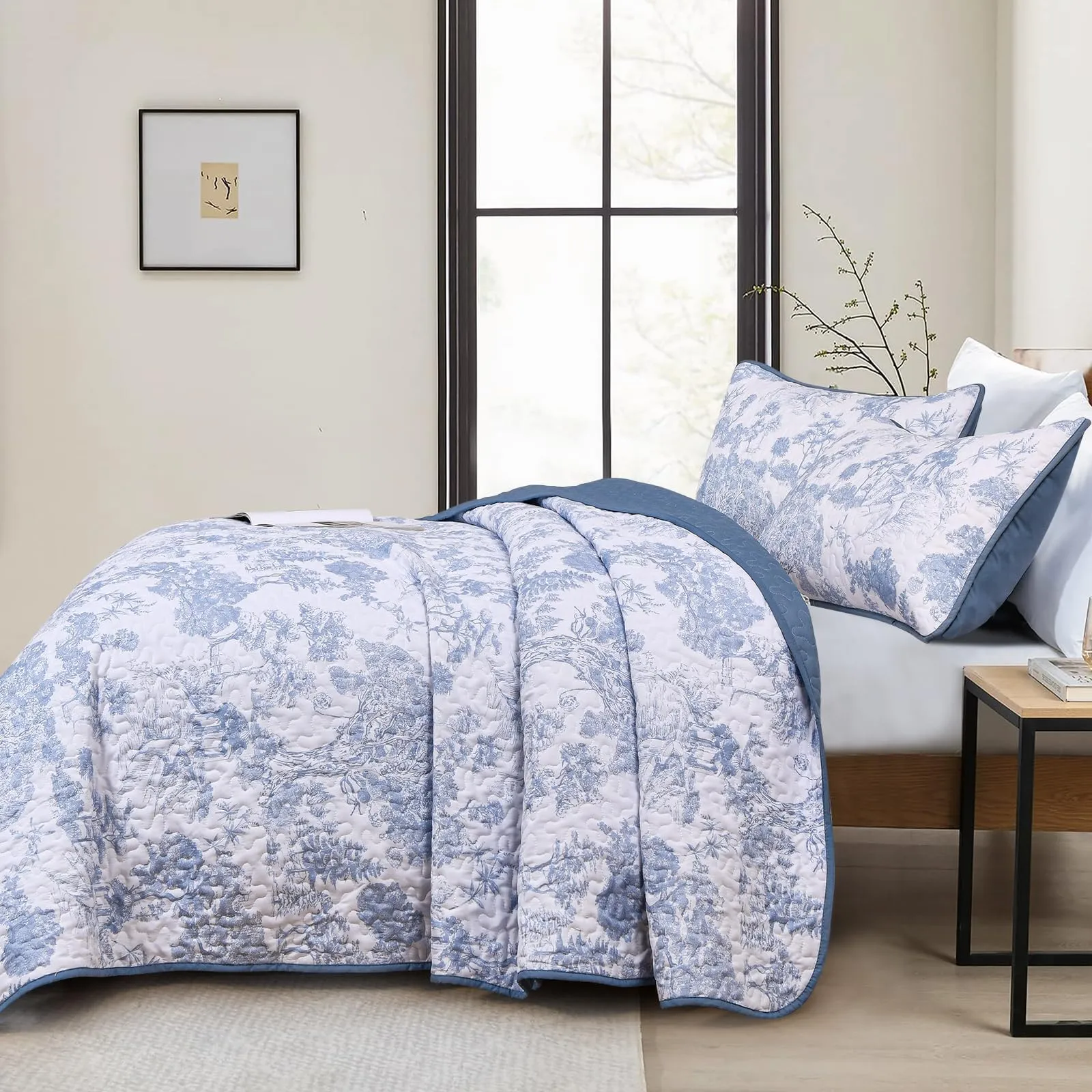 WONGS BEDDING Blue Quilt Set Full Size, 3 Pieces Botanical Bedspreads Set Lightweight Microfiber Blue Plants Pattern Coverlet Home Decor for All Seasons (90x78)