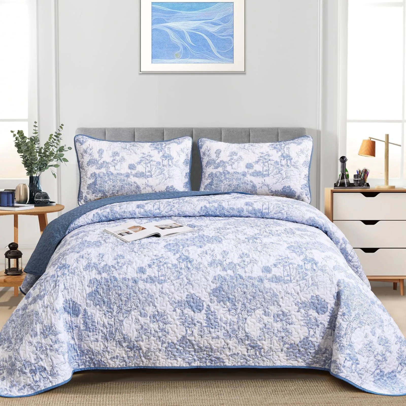 WONGS BEDDING Blue Quilt Set Full Size, 3 Pieces Botanical Bedspreads Set Lightweight Microfiber Blue Plants Pattern Coverlet Home Decor for All Seasons (90x78)